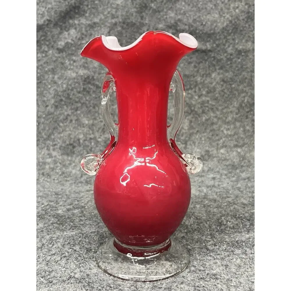 Vintage MCM Red Cased Glass Hobnail Vase Ruffled Rim White Interior 2 Handles 6”